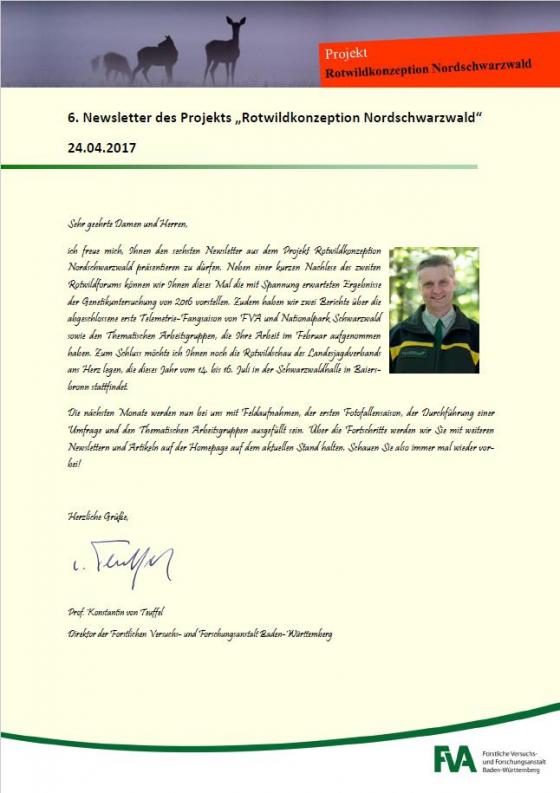 Der 6. Newsletter aus dem Projekt Rotwildkonzeption Nordschwarzwald. ©FVA Cover 6. Newsletter